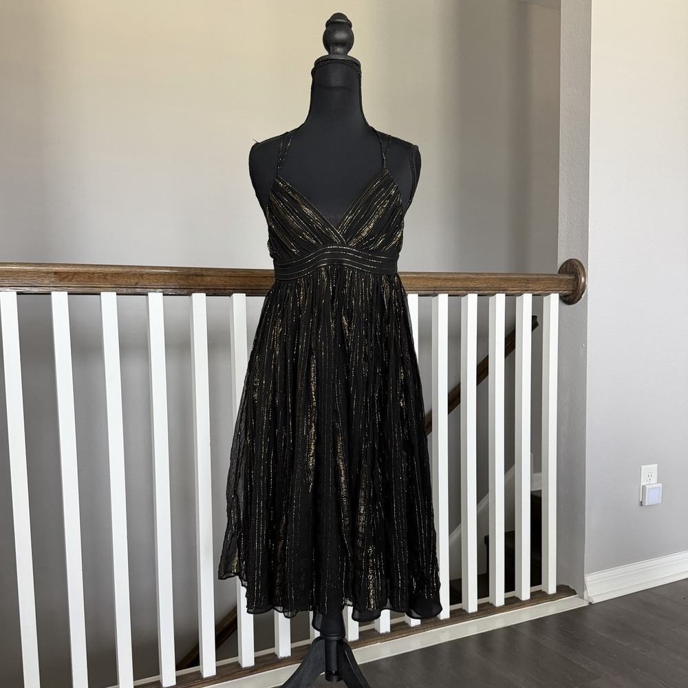 Arden B Silk Baby Doll Halter Dress Black Gold Metallic Sz 4 Cocktail Party Y2K